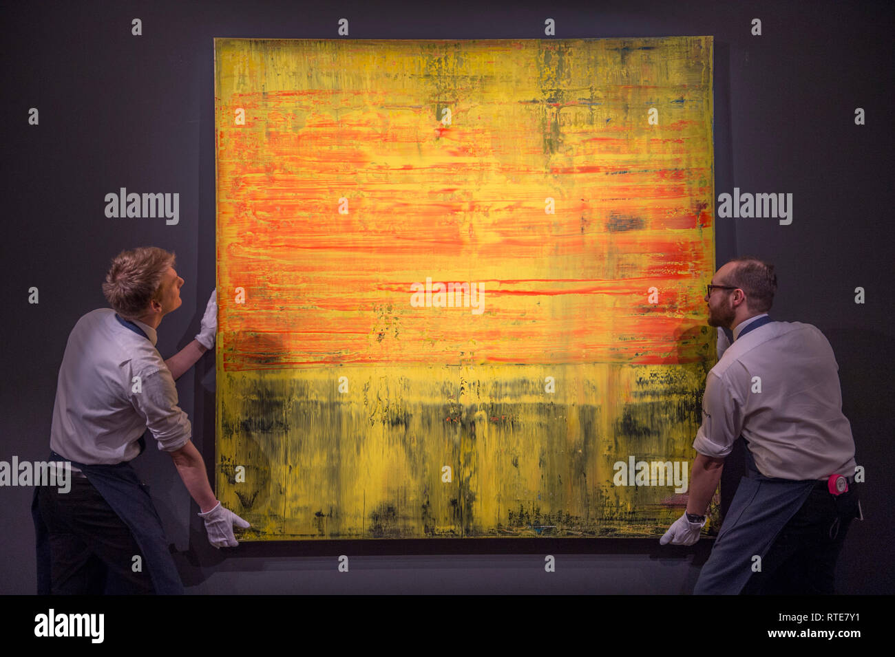 Sotheby's, New Bond Street, London, UK. 1st Mar, 2019. Contemporary Art sale preview. Gerhard Richter, Abstraktes Bild, 20098. Estimated at £6,000,000-8,000,000. The sale takes place on 5 March 2019. Credit: Malcolm Park/Alamy Live News Stock Photo