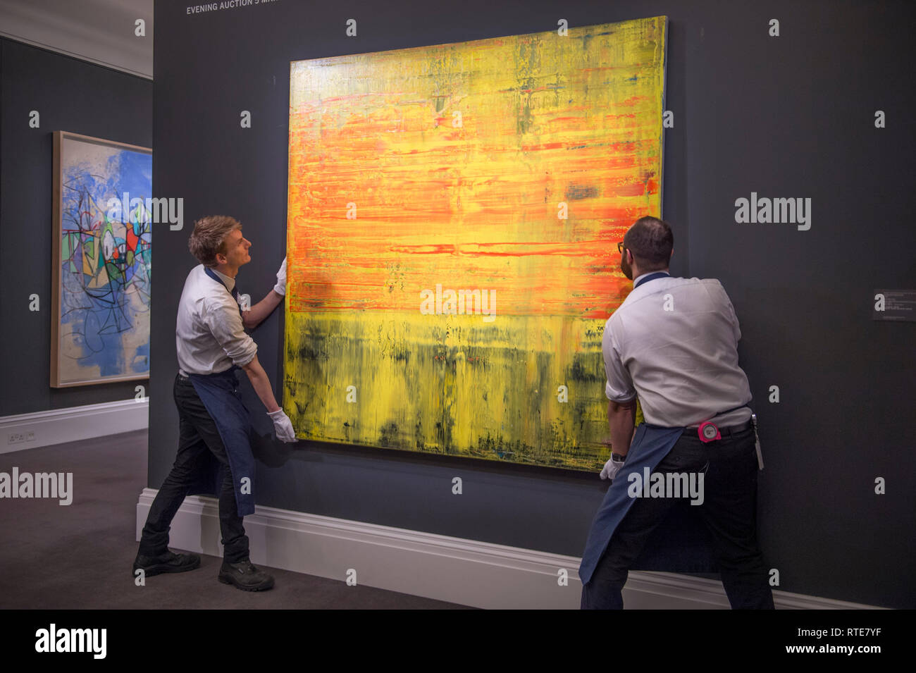 Sotheby's, New Bond Street, London, UK. 1st Mar, 2019. Contemporary Art sale preview. Gerhard Richter, Abstraktes Bild, 20098. Estimated at £6,000,000-8,000,000. The sale takes place on 5 March 2019. Credit: Malcolm Park/Alamy Live News Stock Photo