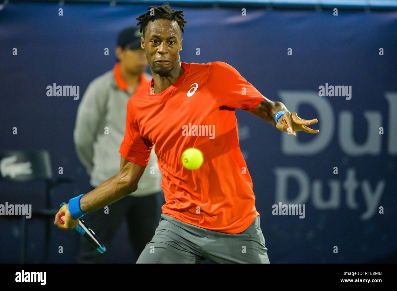 Dubai, UAE. 1st March 2019. Gael Monfils of France plays a forehand during his semifinal match against Stefanos Tsitsipas of Greece at the 2019 Dubai Duty Free Tennis Championships. Monfils lost the match 6-4, 6-7(4-7), 6-7(4-7) Credit: Feroz Khan/Alamy Live News Stock Photo