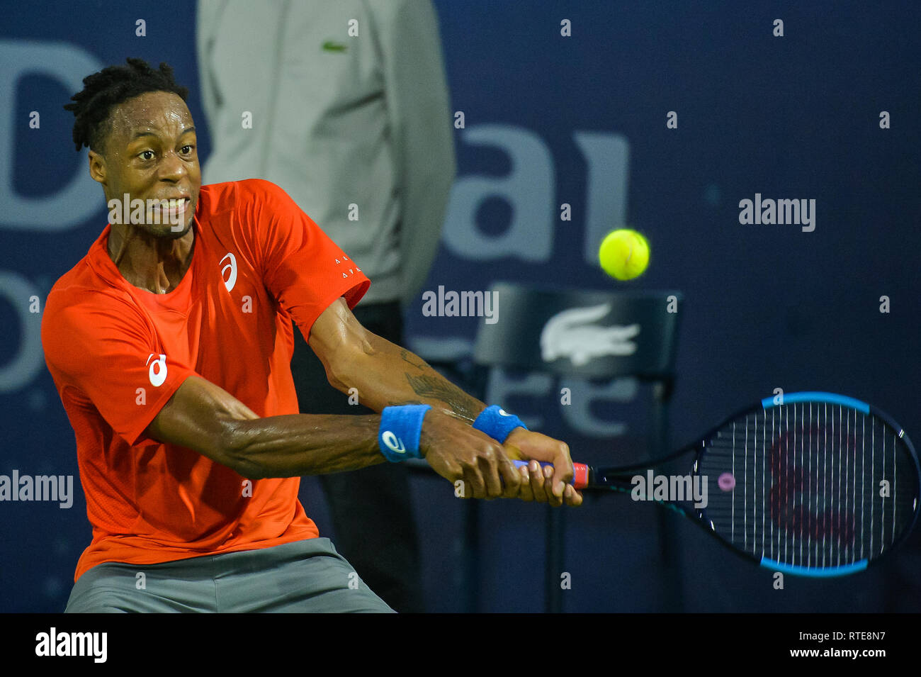 Dubai, UAE. 1st March 2019. Gael Monfils of France plays a backhand during his semifinal match against Stefanos Tsitsipas of Greece at the 2019 Dubai Duty Free Tennis Championships. Monfils lost the match 6-4, 6-7(4-7), 6-7(4-7) Credit: Feroz Khan/Alamy Live News Stock Photo