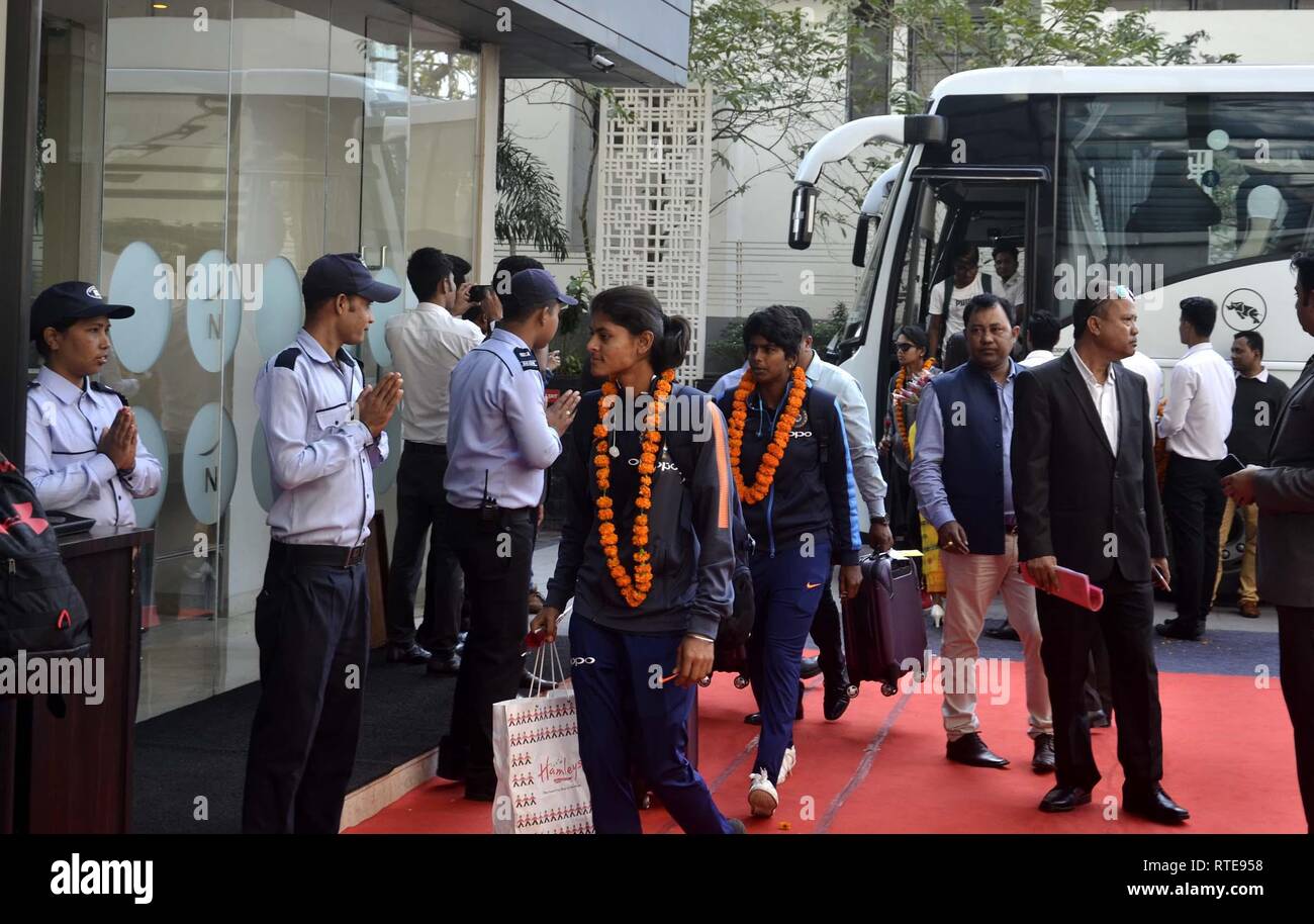 Guwahati, Assam, India. 01st Mar, 2019. Indian Women's Cricket team arrives in Guwahati on Mar 01, 2019. A women's cricket series between India and England. The Indian women's T20 cricket match against England will be held from March 4 to March 10, 2019, at Barsapara stadium in Guwahati. Credit: Hafiz Ahmed/Alamy Live News Stock Photo
