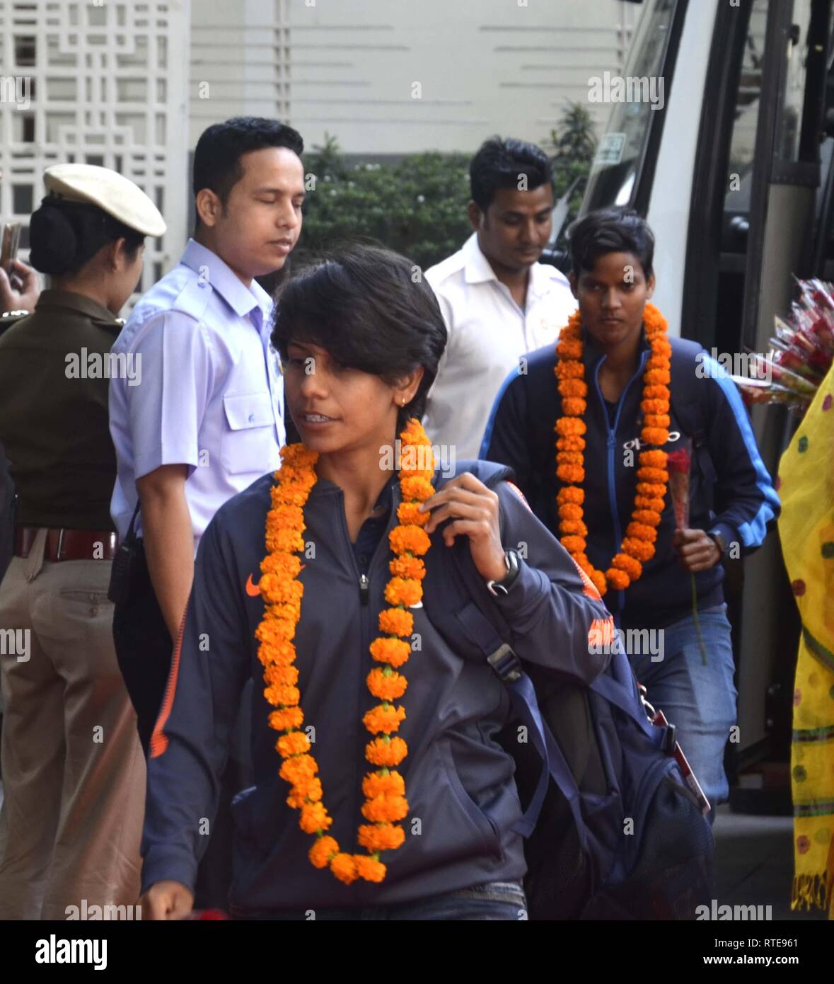 Guwahati, Assam, India. 01st Mar, 2019. Indian Women's Cricket team arrives in Guwahati on Mar 01, 2019. A women's cricket series between India and England. The Indian women's T20 cricket match against England will be held from March 4 to March 10, 2019, at Barsapara stadium in Guwahati. Credit: Hafiz Ahmed/Alamy Live News Stock Photo