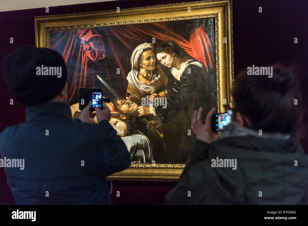London,UK.  1 March 2019.  The painting known as 'Judith and Holfernes', c1607, by Caravaggio, is seen on display to the public for the first time after being discovered in an attic in Toulouse, France five years ago where it had lain forgotten for 100 years.  being exhibited at the Colnaghi Gallery in London, will be shown in Paris, New York and Toulouse, before being auctioned in Toulouse on 27 June 2019.  As is customary in France, no reserve has been placed on the artwork, but it has been reported that the painting may sell for in excess of £120m. Credit: Stephen Chung/Alamy Live News Stock Photo