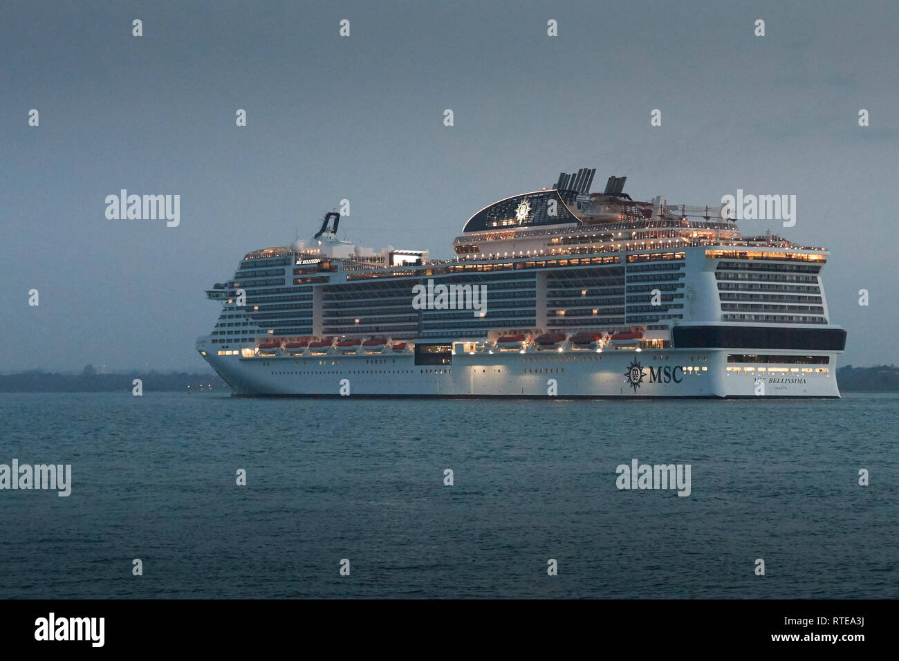 Southampton, UK. 01st March, 2019. MSC Cruises New Flag Ship, MSC BELLISSIMA, On Her Maiden Voyage From St. Nazaire, France, Entering  The Port Of Southampton, UK. 1st March 2019. Credit: Jon Lord/Alamy Live News Stock Photo