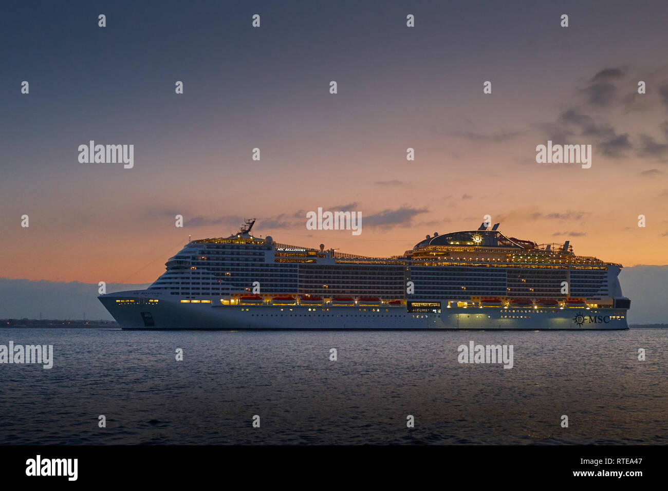 Sunrise Over The MSC Cruises New Flag Ship, MSC BELLISSIMA, On Her Maiden Voyage From St. Nazaire, France To Southampton, UK. 1st March, 2019. Credit: Jon Lord/Alamy. Stock Photo