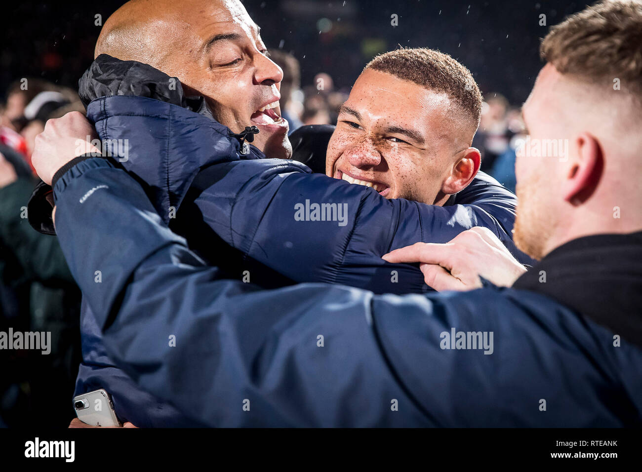 Tilburg, Netherlands. 28th Feb, 2019. TILBURG - 28-02-2019, Koning Willem II stadion Dutch football Eredivisie season 2018/2019. Fans on the pitch during the match Willem II - AZ (KNVB Cup) Semi final. Willem II condition trainer Chima Onyeike, Willem II player Justin Ogenia . Credit: Pro Shots/Alamy Live News Stock Photo