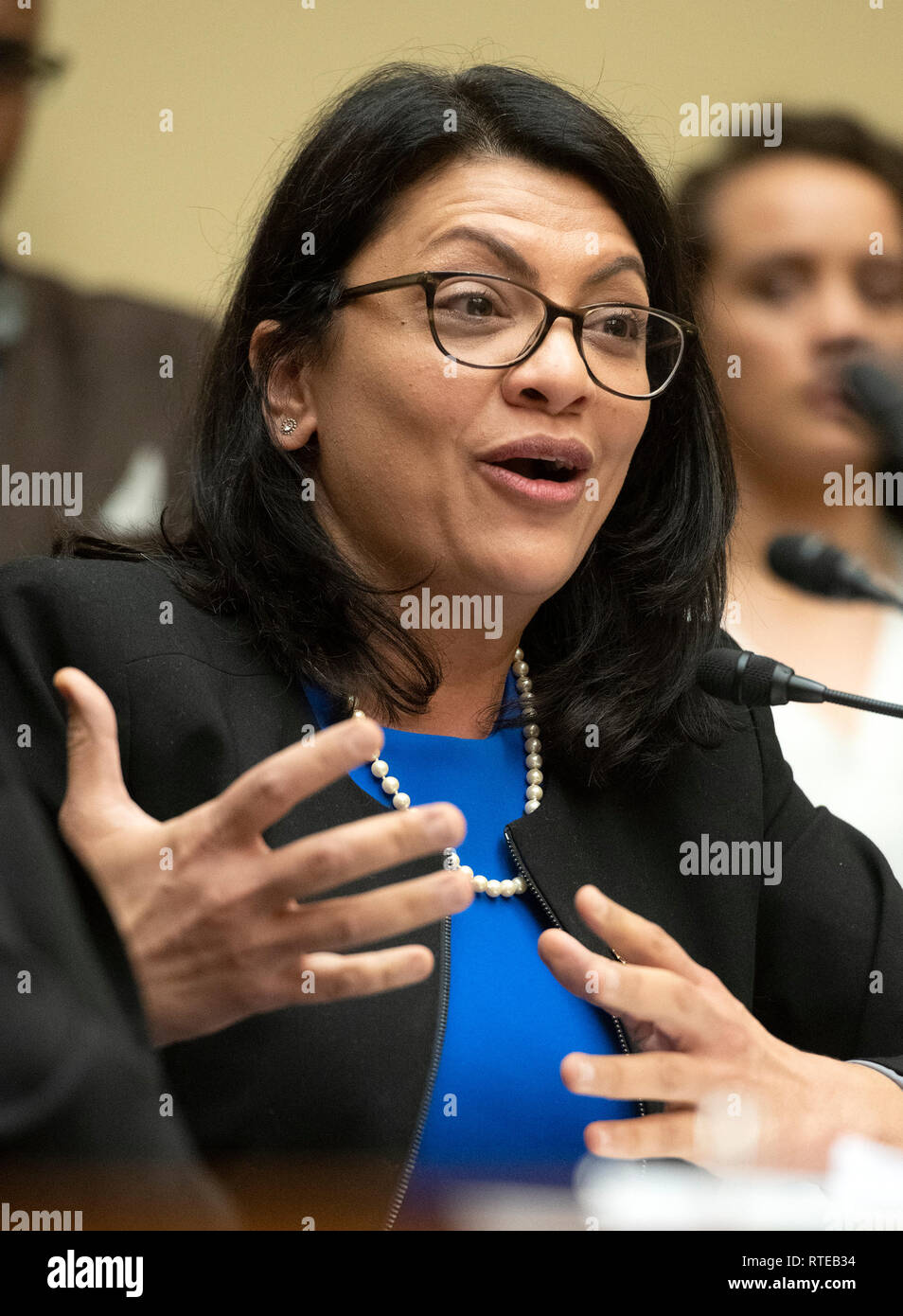 United States Representative Rashida Tlaib (Democrat of Michigan) questions Michael Cohen, Former attorney to United States President Donald J. Trump, as he testifies before the US House Committee on Oversight and Reform on Capitol Hill in Washington, DC on Wednesday, February 27, 2019. Credit: Ron Sachs / CNP/MediaPunch (RESTRICTION: NO New York or New Jersey Newspapers or newspapers within a 75 mile radius of New York City) Stock Photo