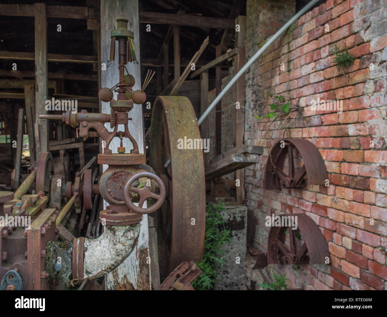 Disused steam engine flyball governor,  Endeans Mill, Waimiha, Ongarue, King Country, New Zealand Stock Photo
