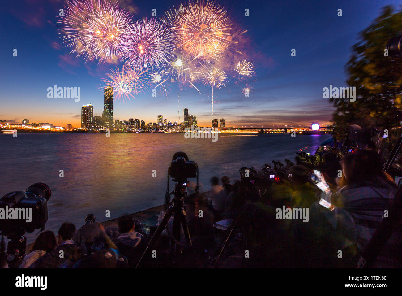 Seoul Fireworks Festival in Night city, South Korea. Stock Photo