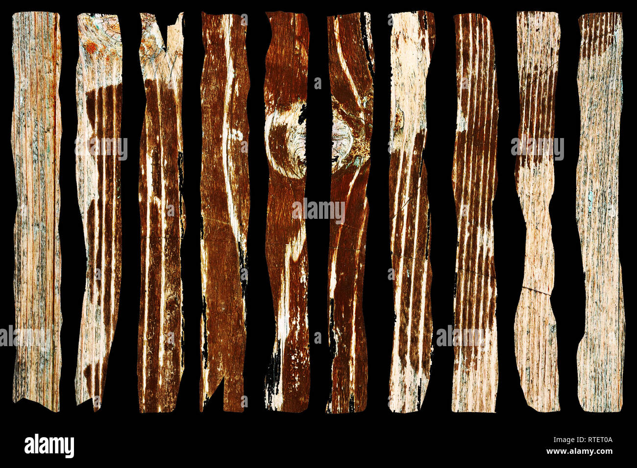 brown wooden surface with shriveled paint layer, real texture of old plank Stock Photo