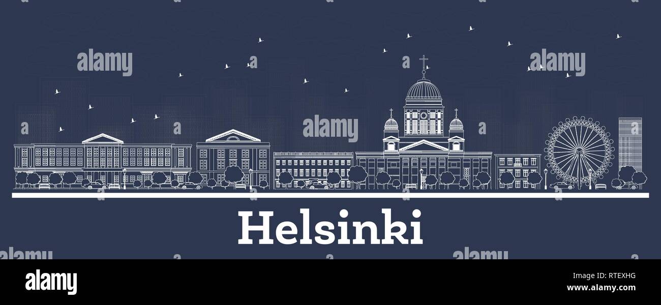 Outline Helsinki Finland City Skyline with White Buildings. Vector Illustration. Business Travel and Tourism Concept with Historic Architecture. Stock Vector