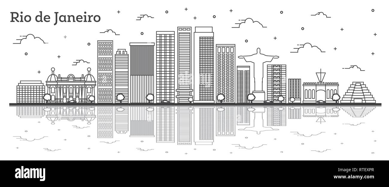 Outline Rio de Janeiro Brazil City Skyline with Modern Buildings and Reflections Isolated on White. Vector Illustration. Stock Vector