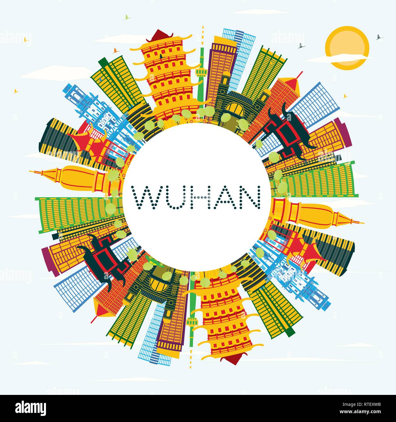 Wuhan China City Skyline with Color Buildings, Blue Sky and Copy Space. Vector Illustration. Stock Vector