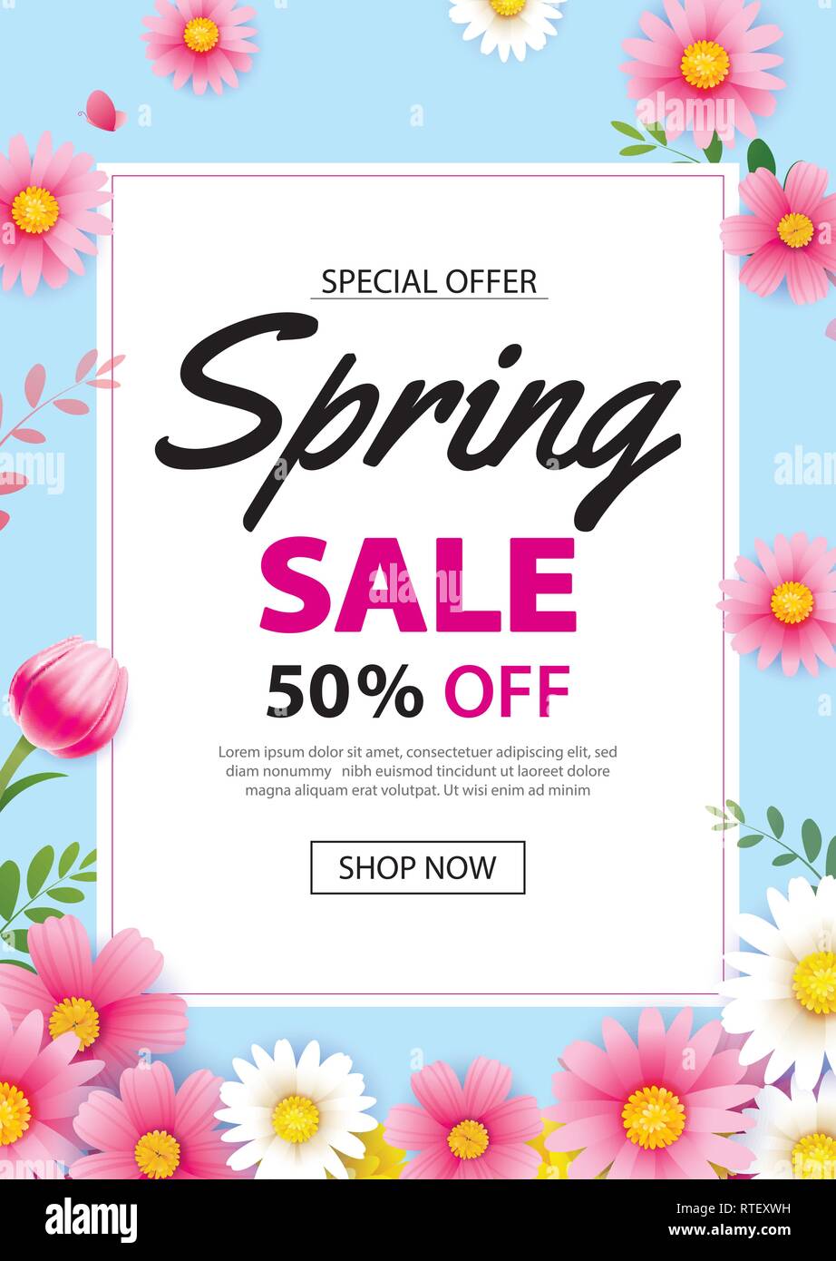 Spring sale poster banner with blooming flowers background template