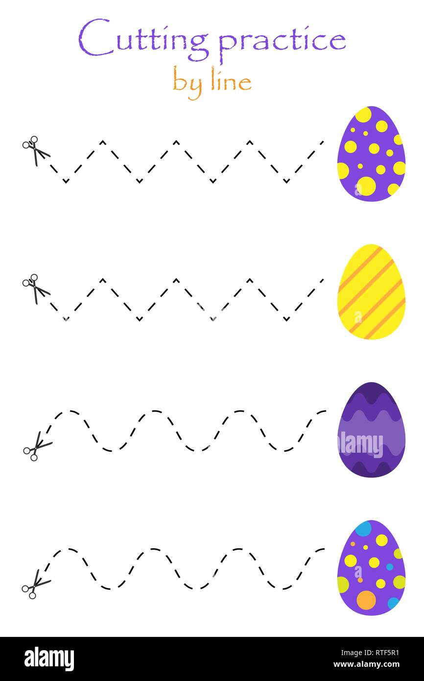 Easter eggs in cartoon style, education cut game for the development of preschool children, use scissors, cutting practice by line, vector Stock Vector