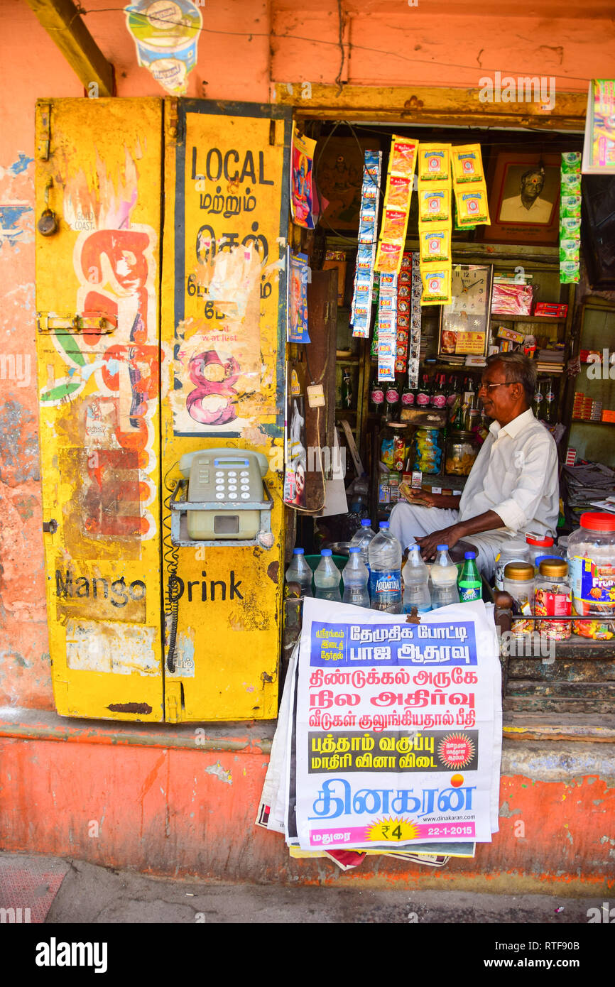 Indian man in Corner Shop, Madurai, Tamil Nadu, India Stock Photo