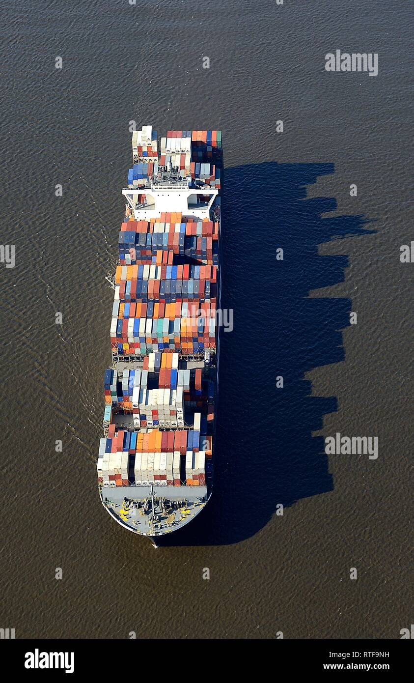 Aerial view, Containership on Elbe River, Hamburg, Germany Stock Photo