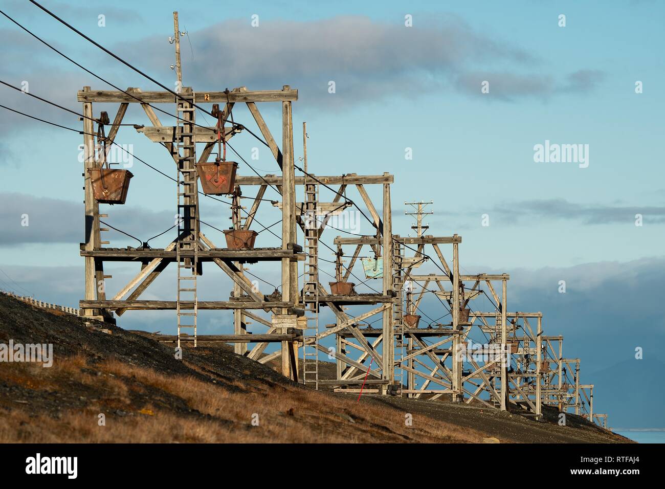 Historic coal cable car, landmark, former coal mine, Longyearbyen, Spitsbergen, Svalbard, Norway Stock Photo