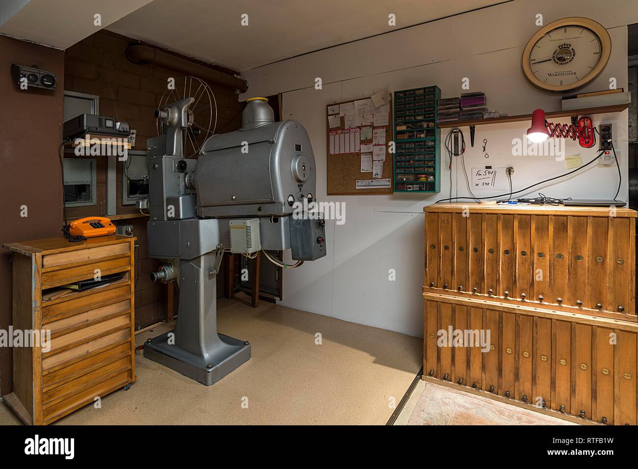 Cinema projectors by Zeiss Ikon around 1950 with film reel cabinets in a cinema projection room, Bavaria, Germany Stock Photo
