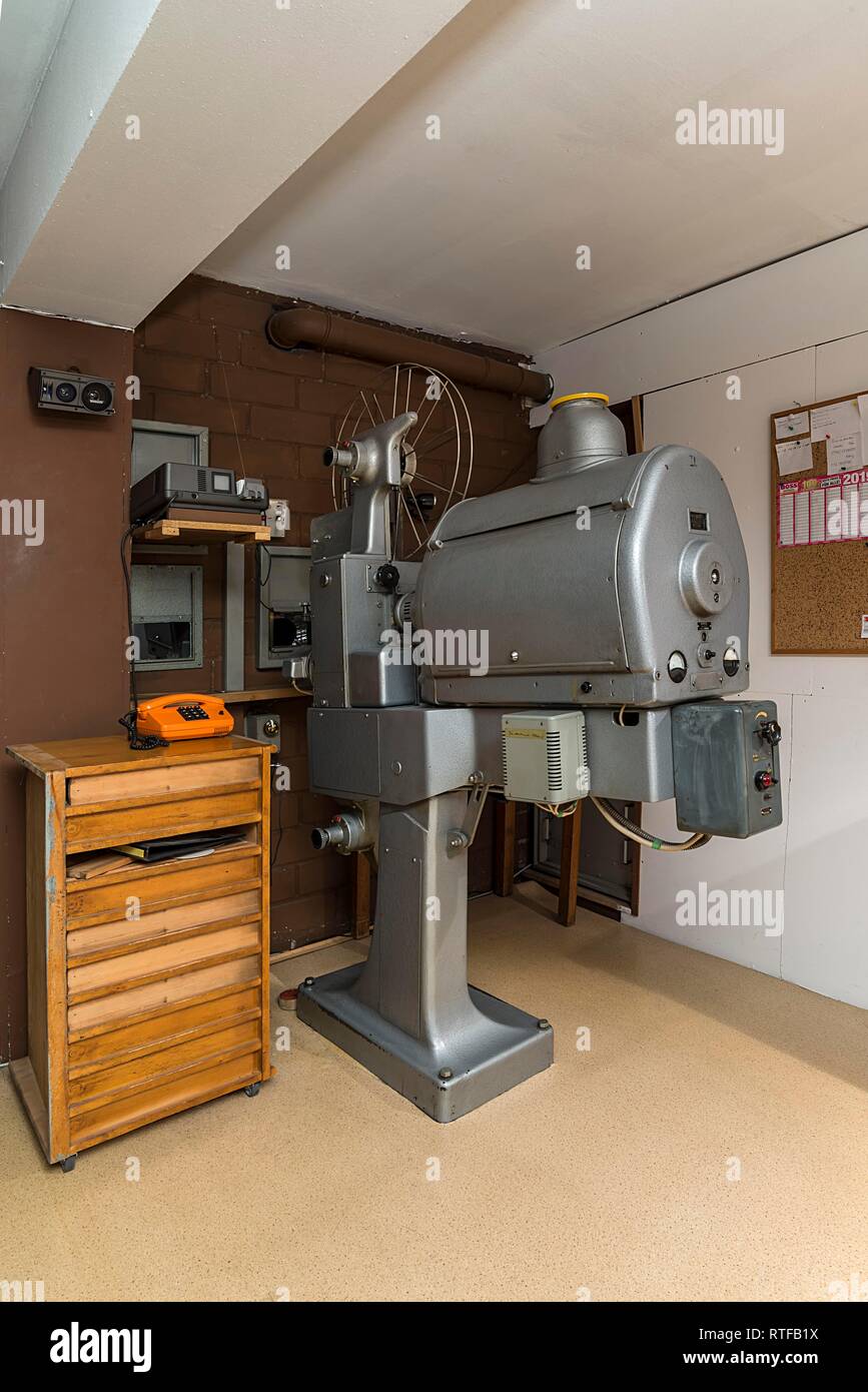 Cinema projector by Zeiss Ikon around 1950 with film spool cabinet in a cinema projection room, Bavaria, Germany Stock Photo