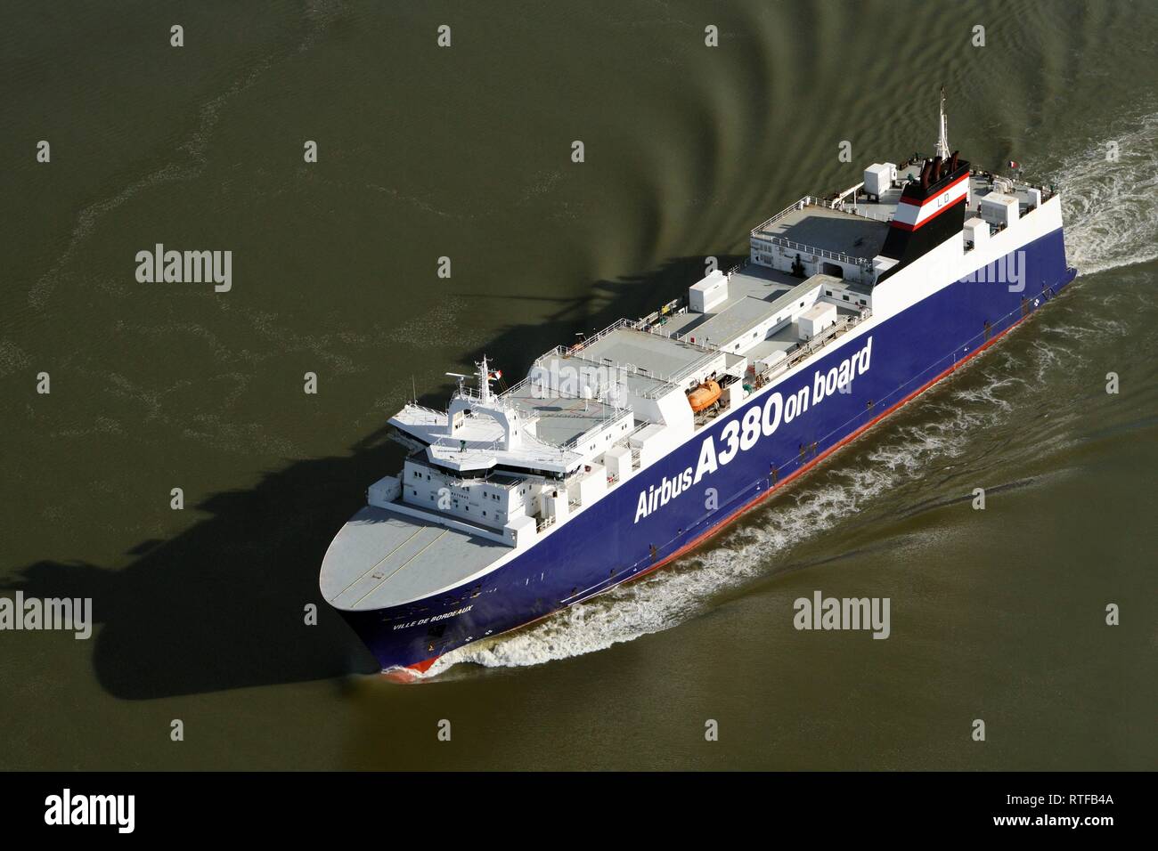 Aerial view, Ville de Bordeux, transport ship for Airbus on the Elbe, Hamburg, Germany Stock Photo