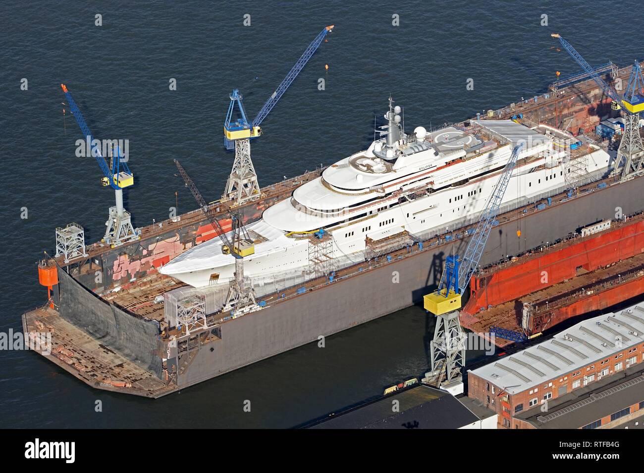 Aerial view, Mega-Yacht Eclipse by Roman Abramowitsch on the dry dock, Hamburg, Germany Stock Photo