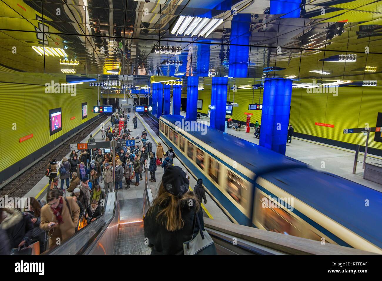 Platform with incoming subway, Münchner Freiheit, Munich, Upper Bavaria, Bavaria, Germany Stock Photo