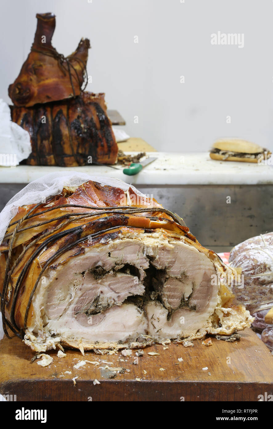 roast pork ideal for tasty sandwiches for sale in the street food kiosk