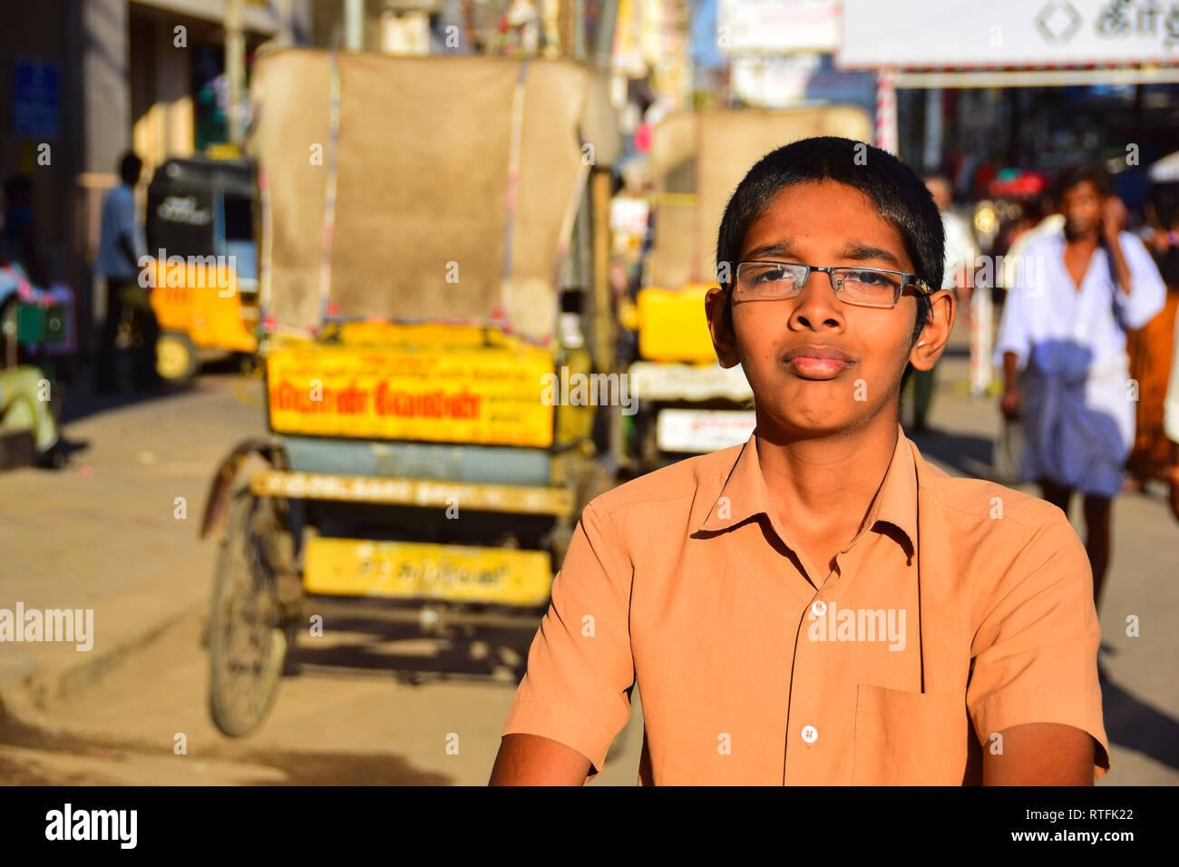 Indian boy with spectacles, Madurai, Tamil Nadu, India Stock Photo