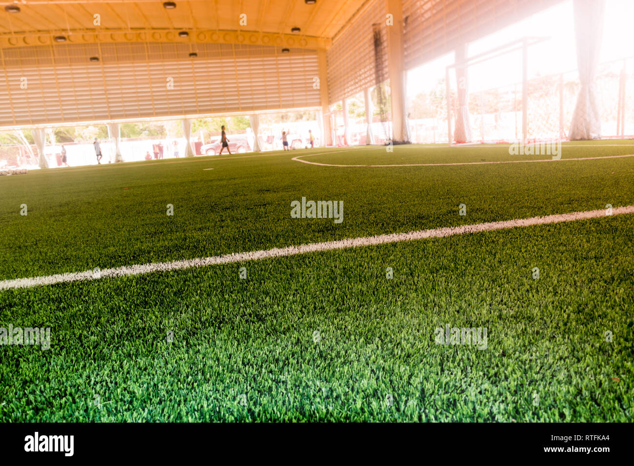 Inddor Soccer sport field with artificial grass Stock Photo