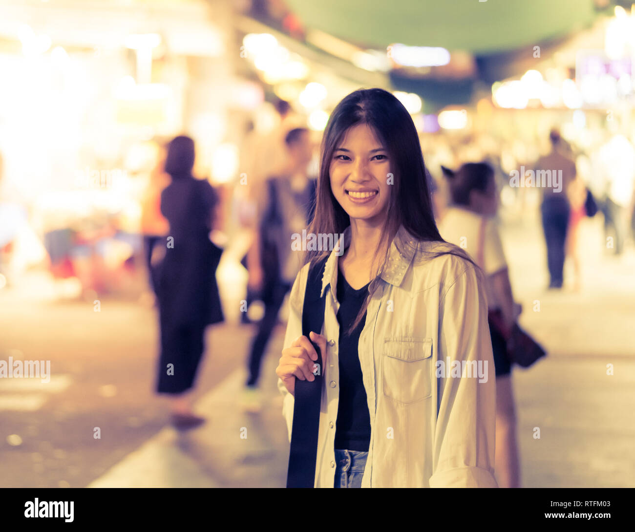 Cute Asian traveler girl in the night street of Hong Kong Stock Photo ...
