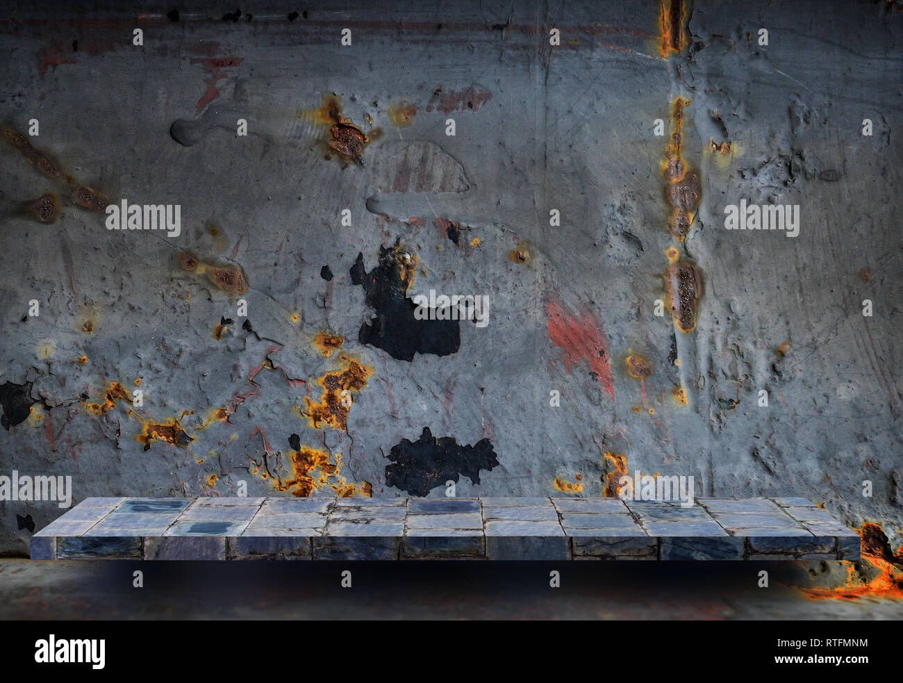 Empty stone shelf on rustic metal wall for product display Stock Photo