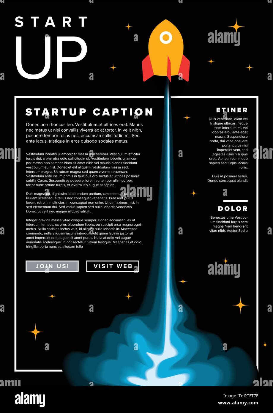 Paper cut startup infographic flyer template with space rocket - dark version Stock Vector