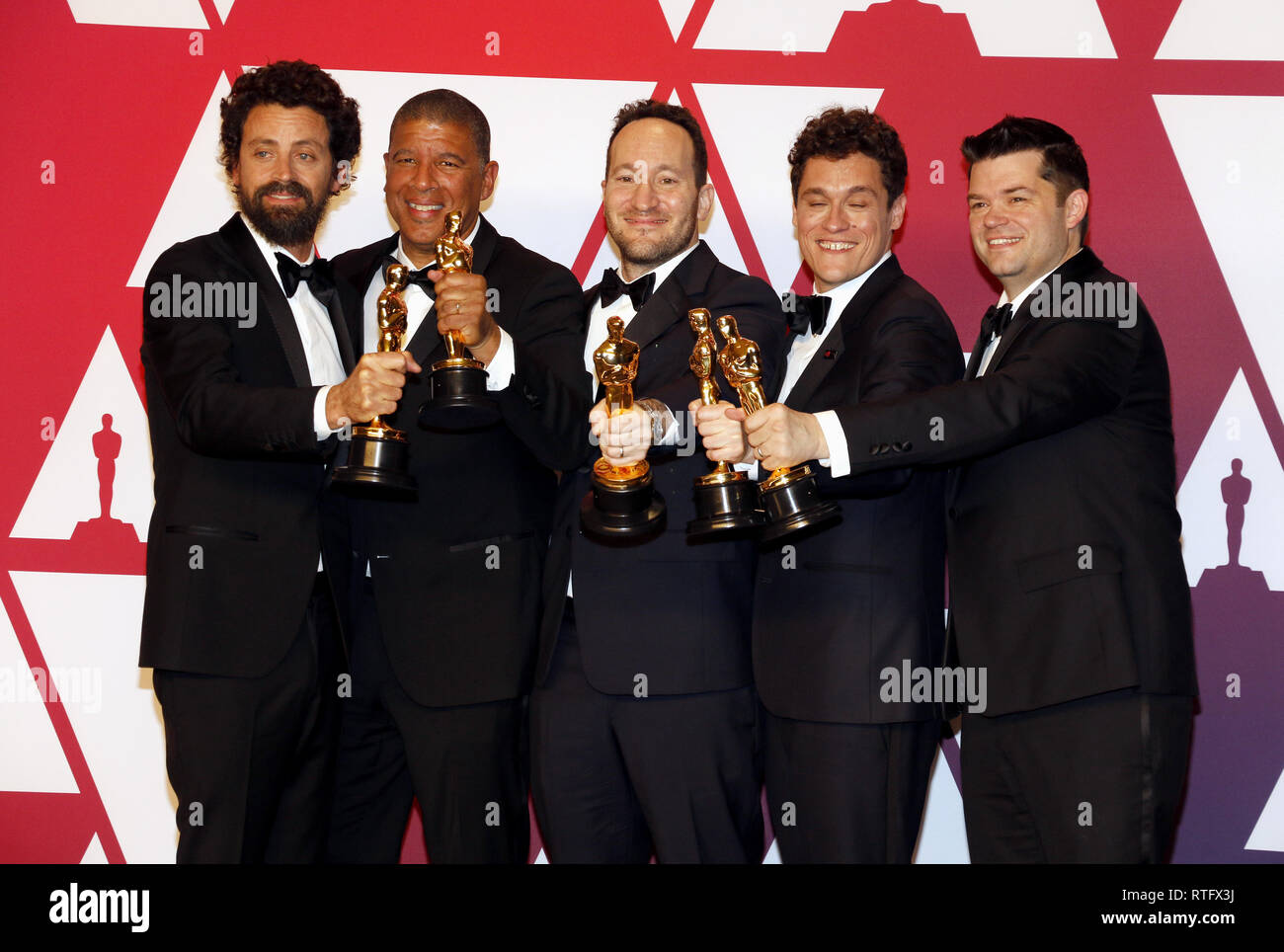 Bob Persichetti, Peter Ramsey, Rodney Rothman, Phil Lord and Christopher Miller at the 91st Annual Academy Awards - Press Room held at the Loews Hotel Stock Photo