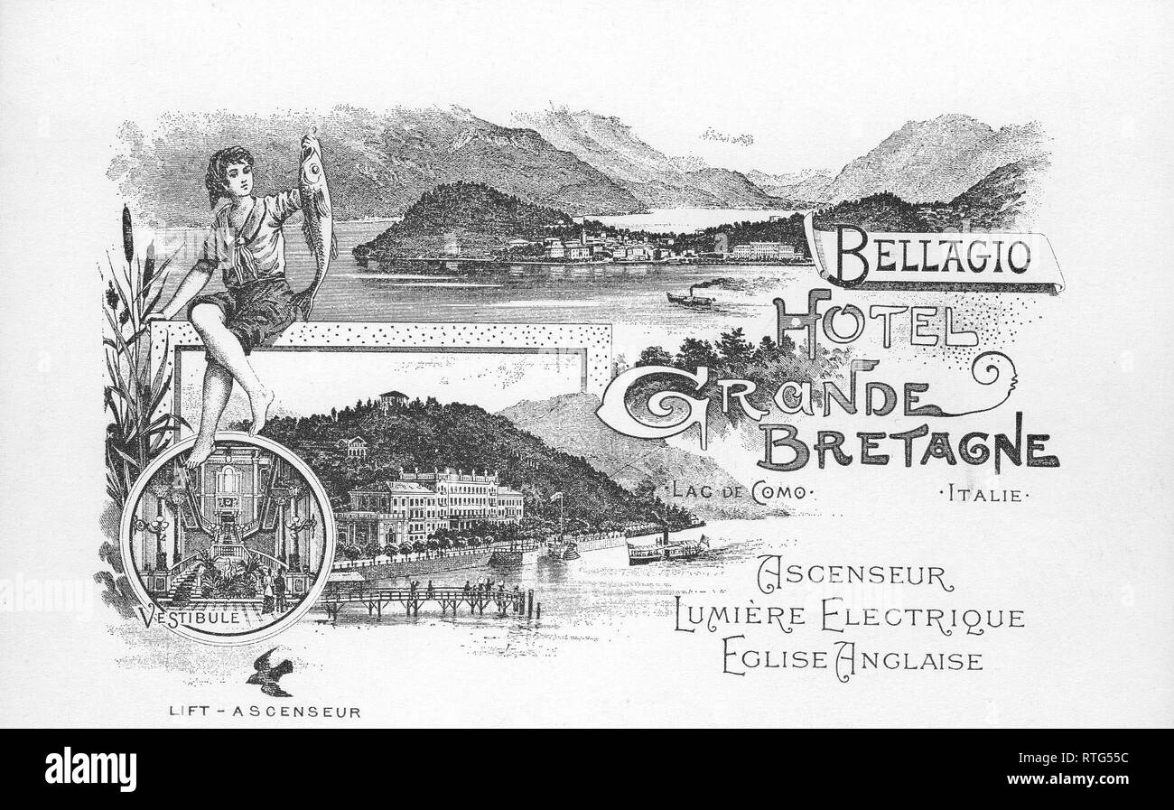 post card of the first grand hotel in como lake, grande bretagne Stock Photo