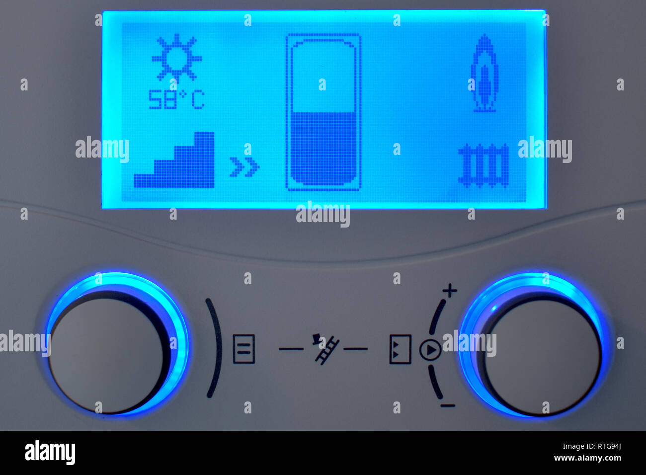 Home heating automation control unit with blue display showing working