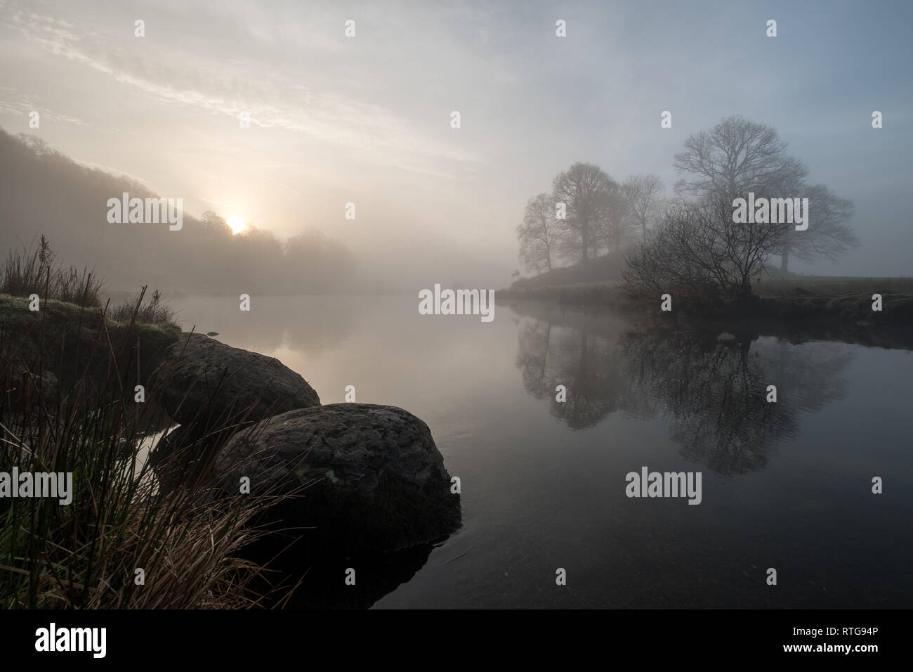 Sunrise on a misty morning over the River Brathay, between Elterwater and Skelwith Bridge. Trees reflected in the water. Lake District, UK Stock Photo