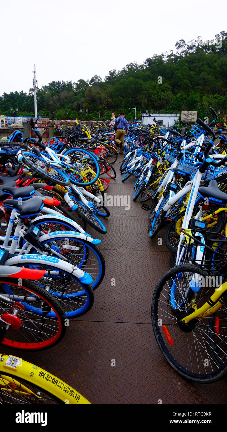 Bike Rental Parking Chaos in Zuhai China, Guangdong Stock Photo