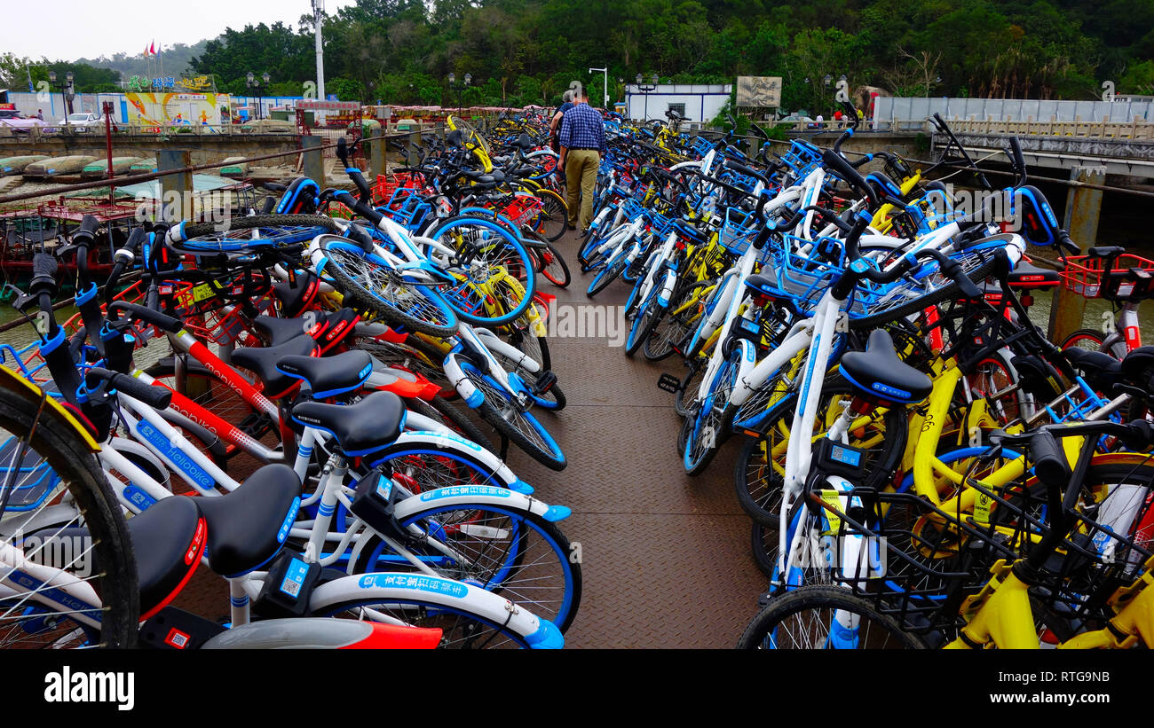 Bike Rental Parking Chaos in Zuhai China, Guangdong Stock Photo