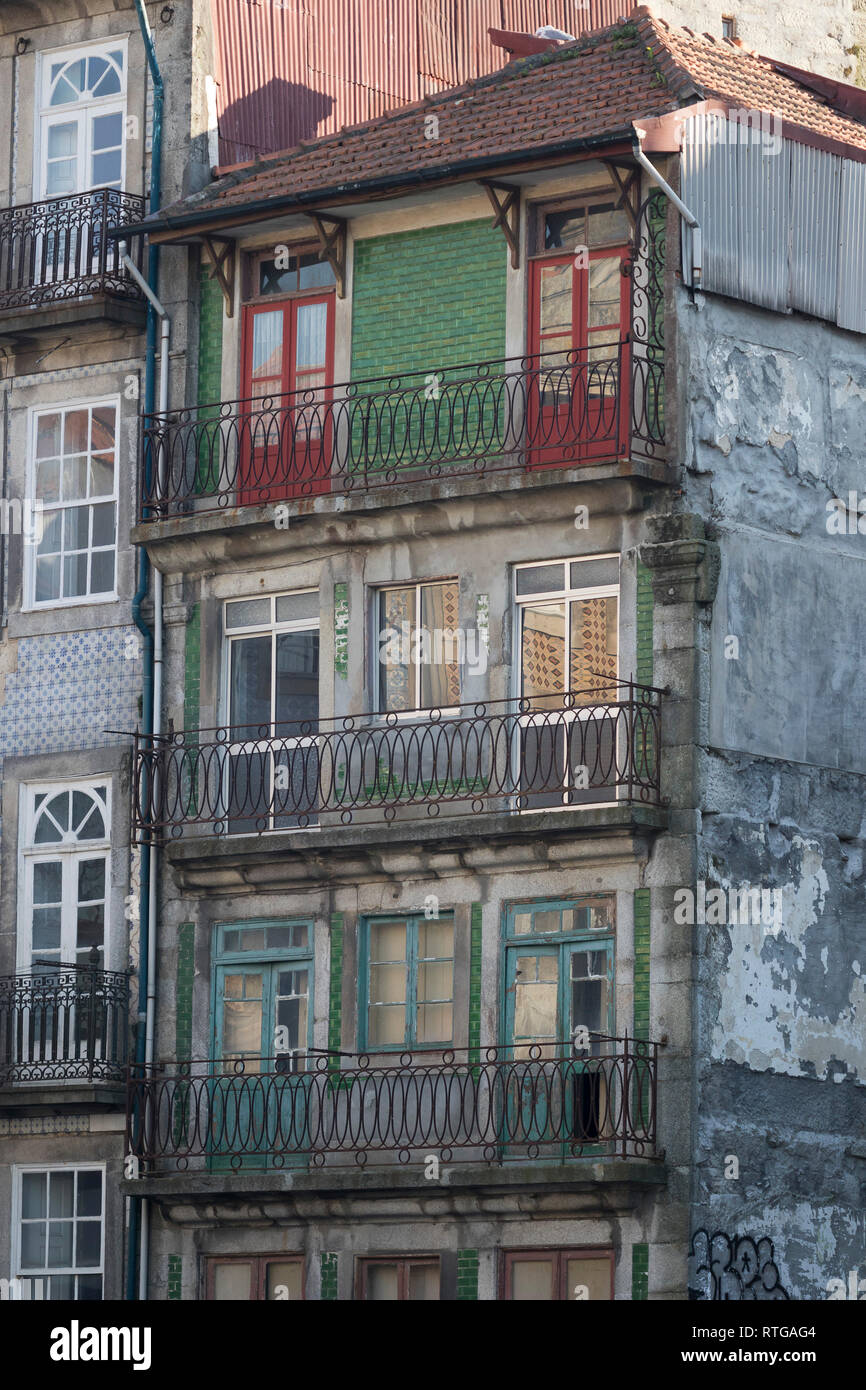 Old colorful building of three levels in Porto (Portugal). Stock Photo