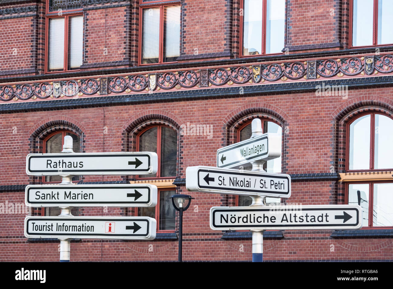 Signs to the points of interest of city Rostock, Germany Stock Photo