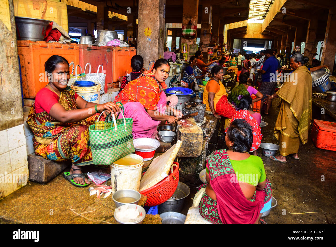 Fish Market, Goubert Market, Pondicherry, Puducherry, Tamil Nadu, India Stock Photo