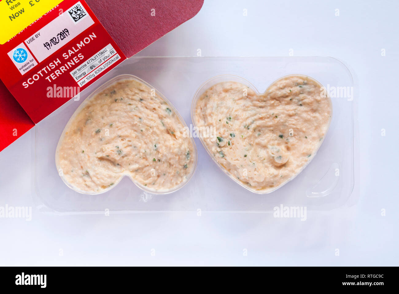 M&S Scottish Salmon Terrines - starter for Valentines Day meal concept - looking down on from above Stock Photo