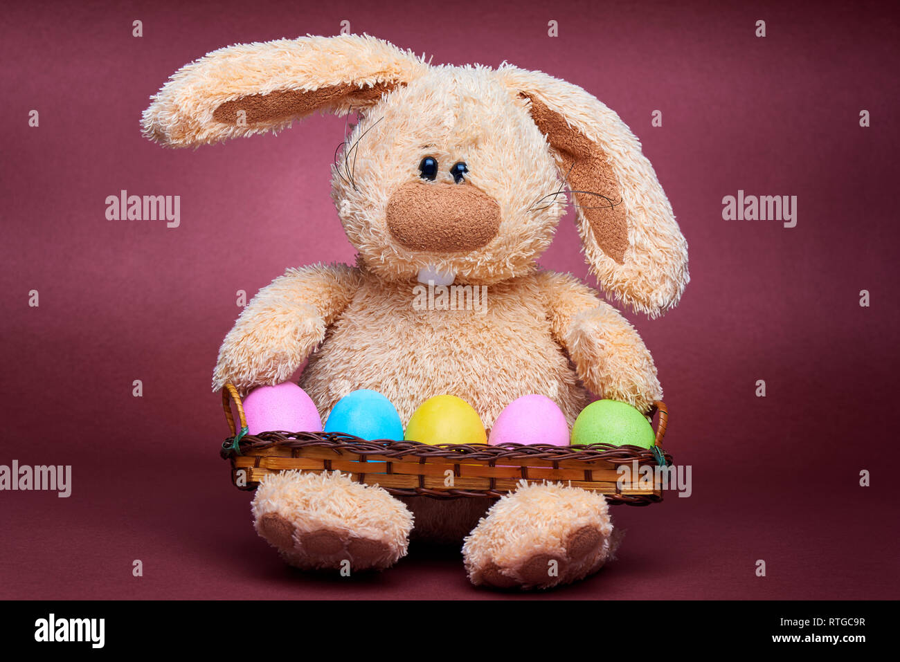 Stuffed soft rabbit with colorful bright painted eggs. Stock Photo