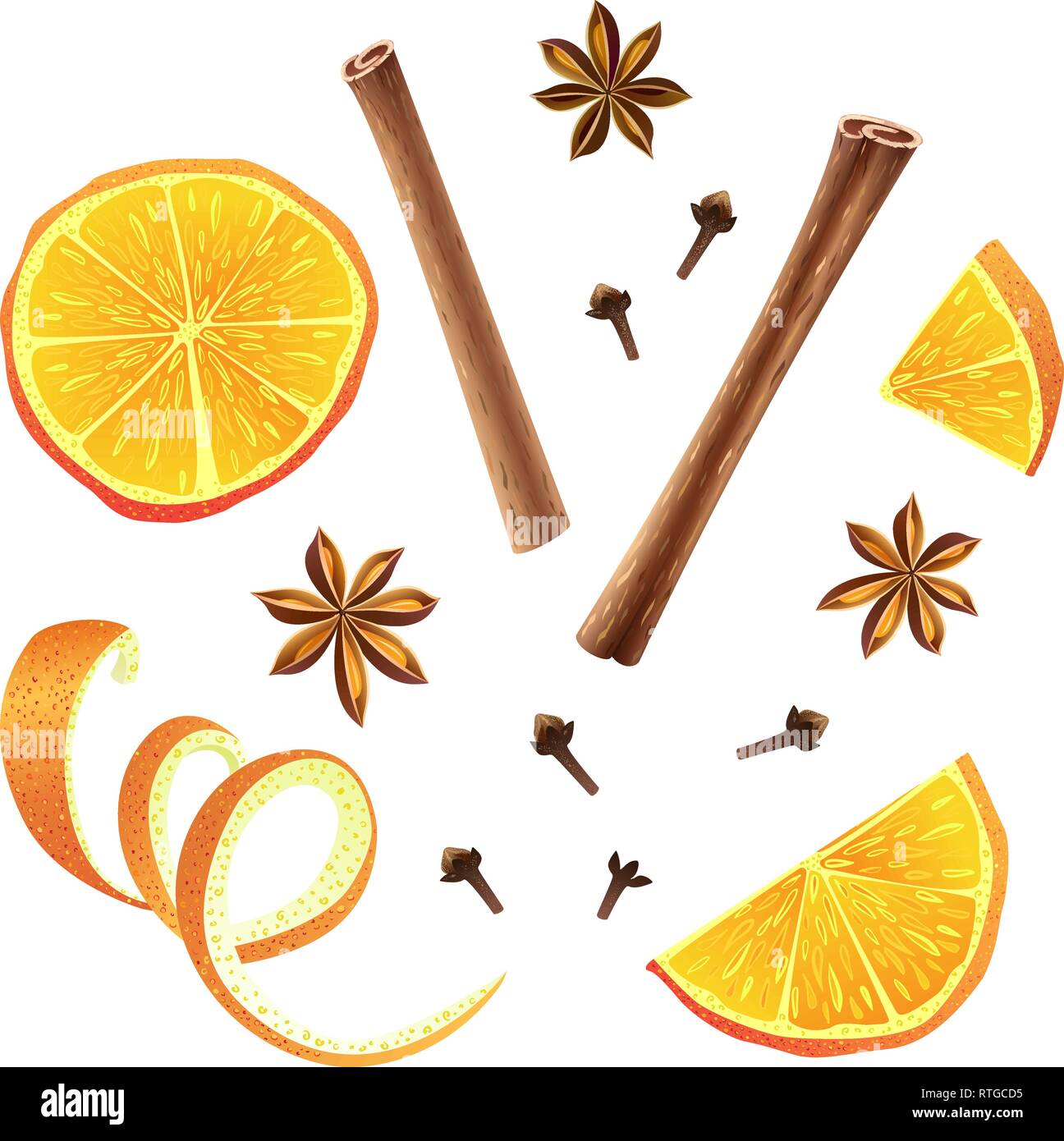 Set of orange, star anise, cloves and cinnamon Stock Vector