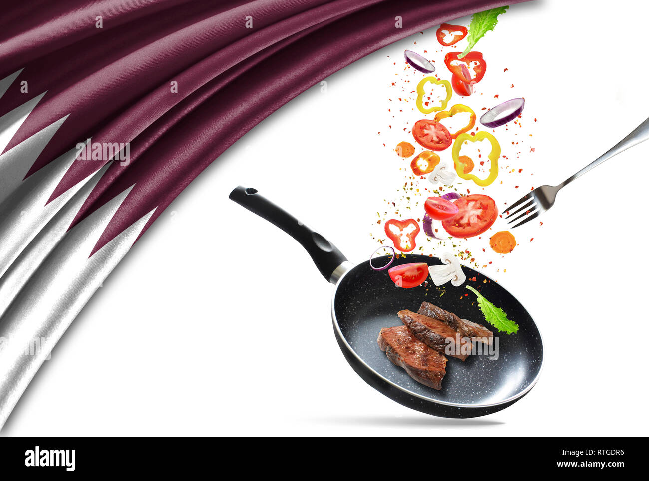 Pan Falling Frying pan with falling vegetables and meat, isolated. On the ...