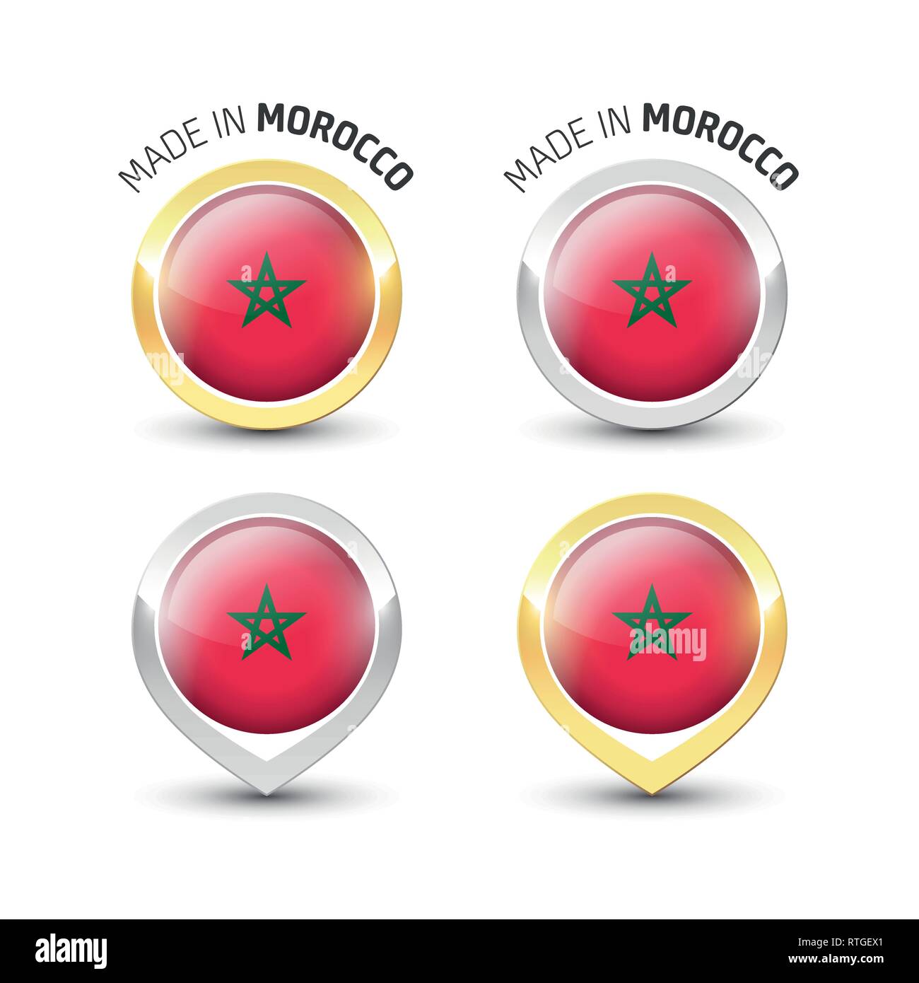 Made in Morocco - Guarantee label with the Moroccan flag inside round gold and silver icons. Stock Vector