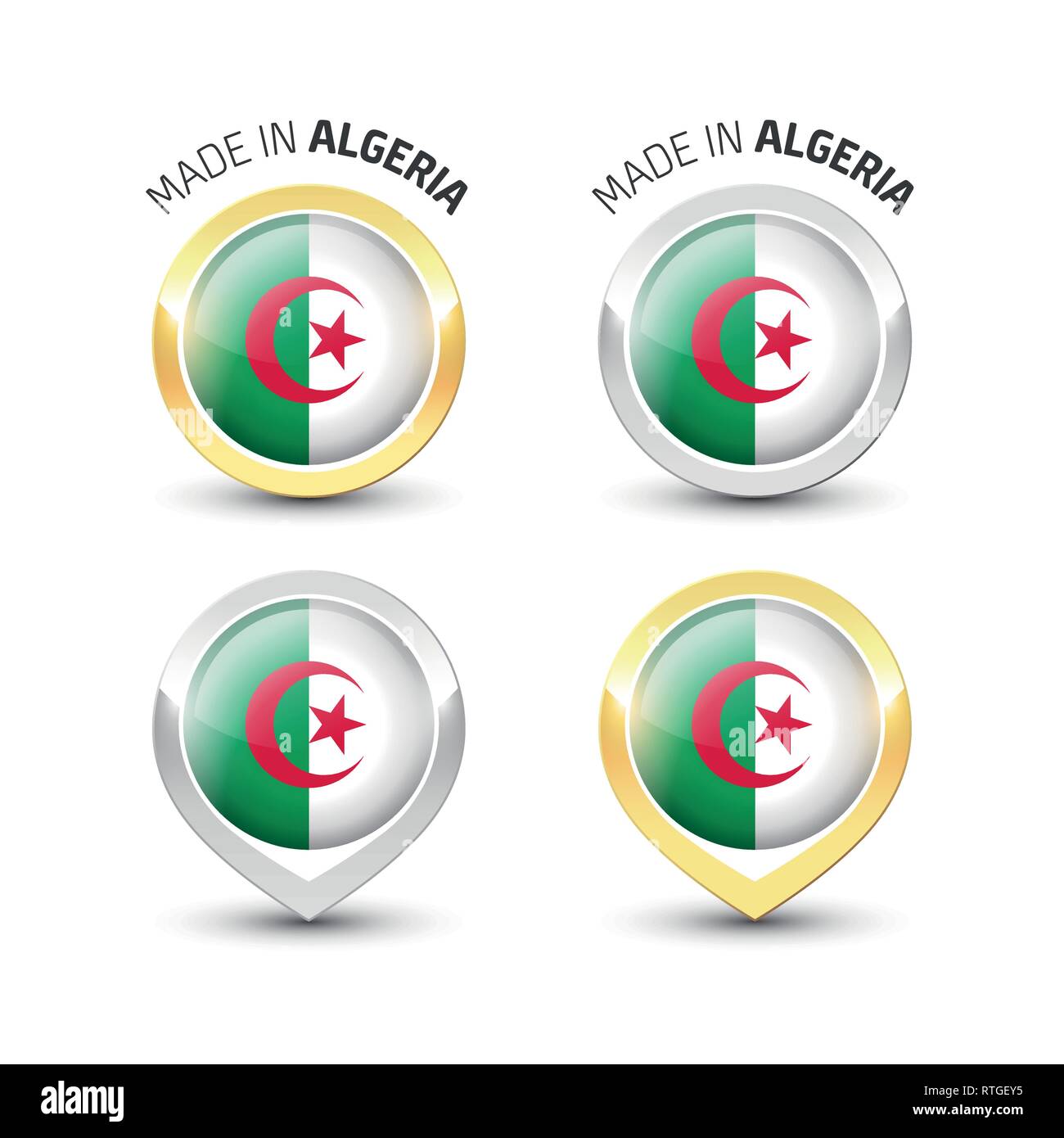 Made in Algeria - Guarantee label with the Algerian flag inside round gold and silver icons. Stock Vector
