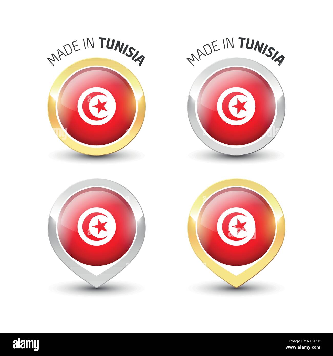 Made in Tunisia - Guarantee label with the Tunisian flag inside round gold and silver icons. Stock Vector