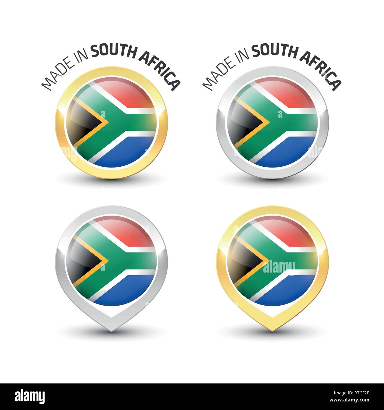 Made in South Africa - Guarantee label with the South African flag inside round gold and silver icons. Stock Vector